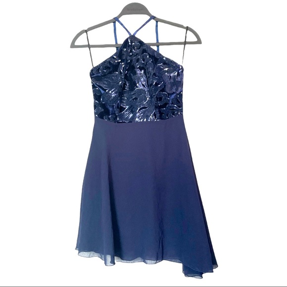 Lulu’s Navy Blue Sequin Halter Skater Mini Dress Size XS - Picture 4 of 14